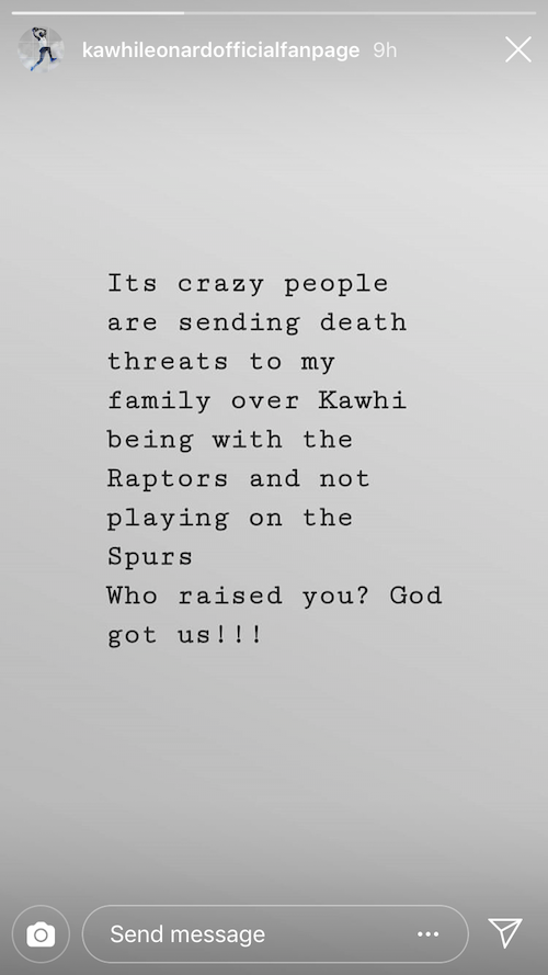 The Instagram post from the account allegedly ran by Kawhi's sister talking about the death threats.
